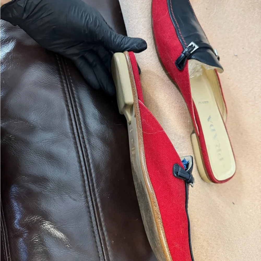 PRADA Loafer Mule 
Size: 37.5
Color: navy blue with red - Picture 5 of 6
